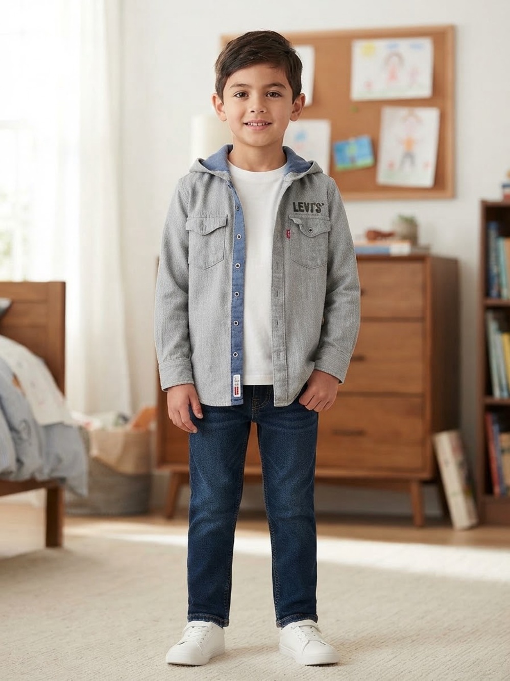 Levi's Kids Light Gray Hooded Denim-Style Jacket with Blue Trim